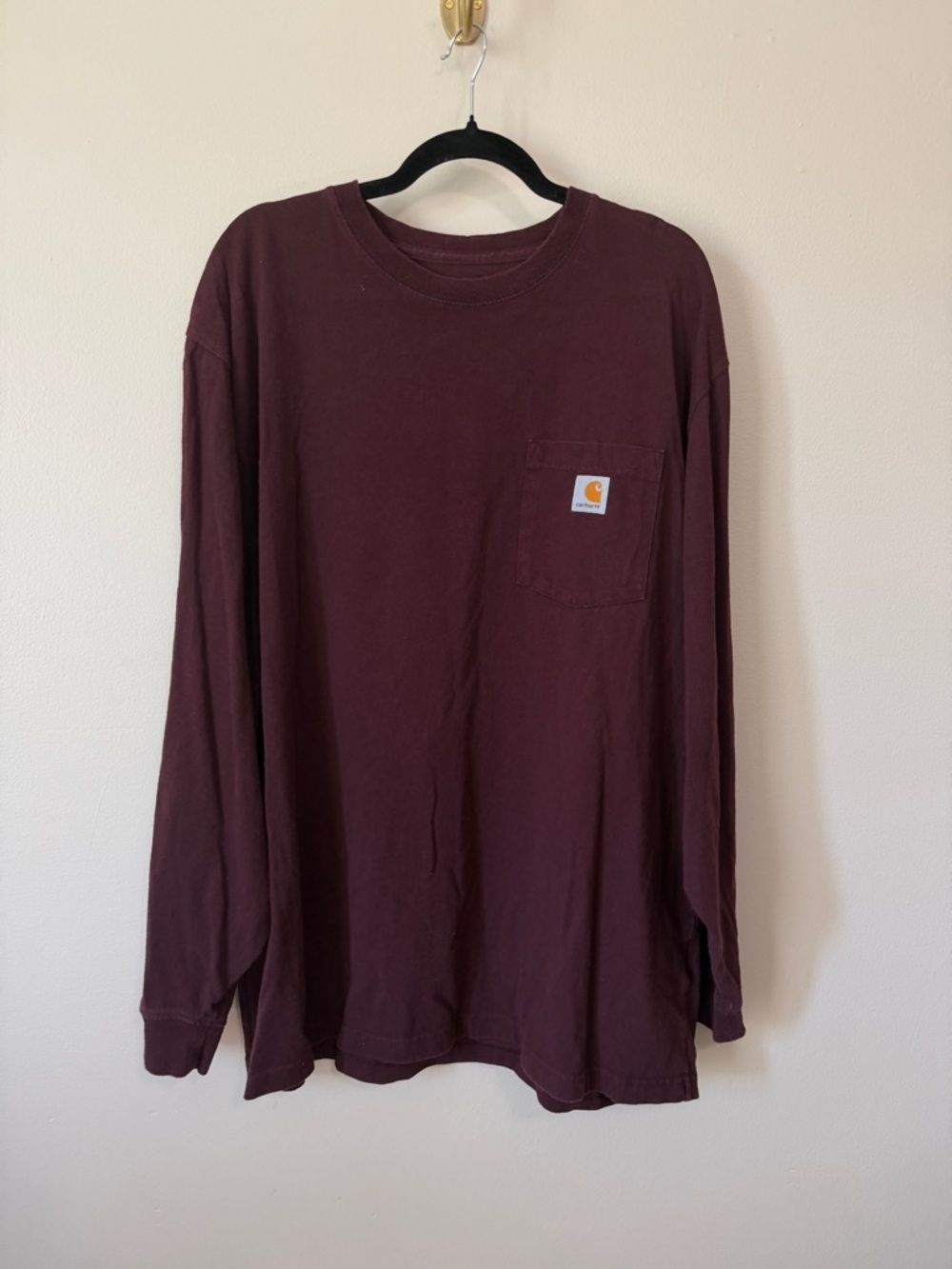 Carhartt maroon long sleeve chest pocket tee shirt size extra large 100% cotton